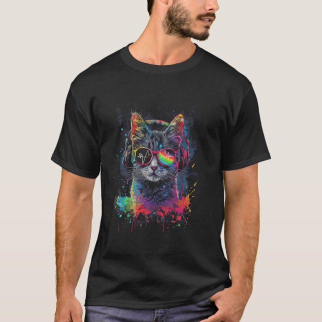 Camiseta Gato DJ Com Fones de Ouvido E Óculos de Sol Kitty  (Frente)