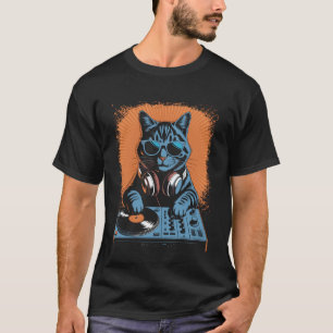 Camiseta Gato Dj Fone de Ouvido Toca-Discos Música Vintage