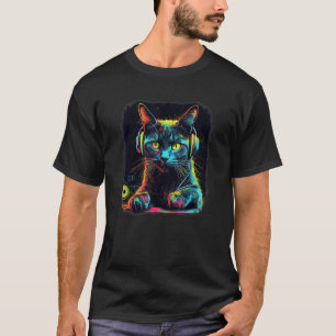 Camiseta Gato dj legal de cores de arco-íris usando fones d