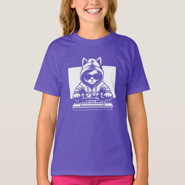 Camiseta Gato DJ legal | DJ Cat com óculos escuros incrívei (Frente)