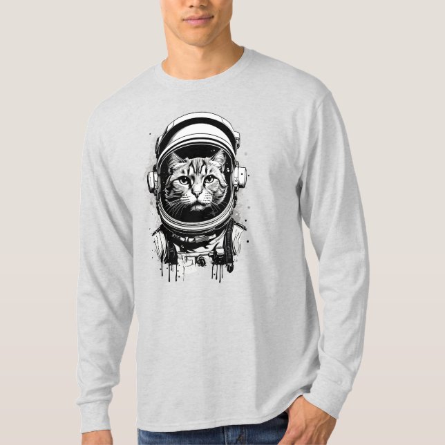 Camiseta Gato do Astronauta Negro e Branco (Frente)