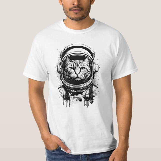 Camiseta Gato do Astronauta Negro e Branco (Frente)