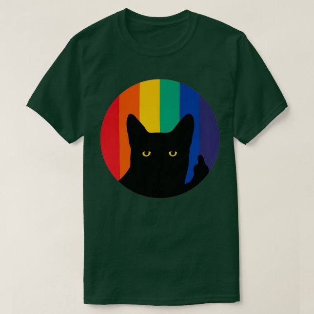 Camiseta Gato do dedo médio no círculo arco-íris (Frente do Design)