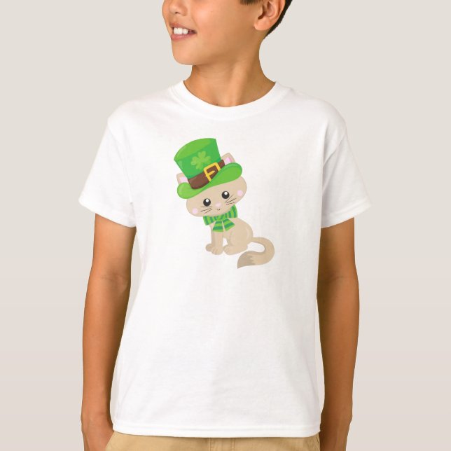 Camiseta Gato do Dia de São Patrício, Chapéu de Leprechaun, (Frente)