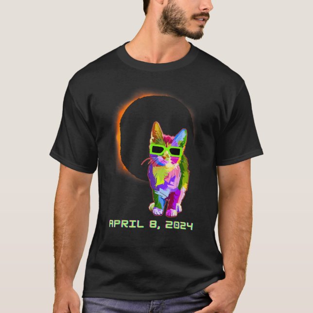 Camiseta Gato do Eclipse Solar Usando Óculos de Eclipse (Frente)