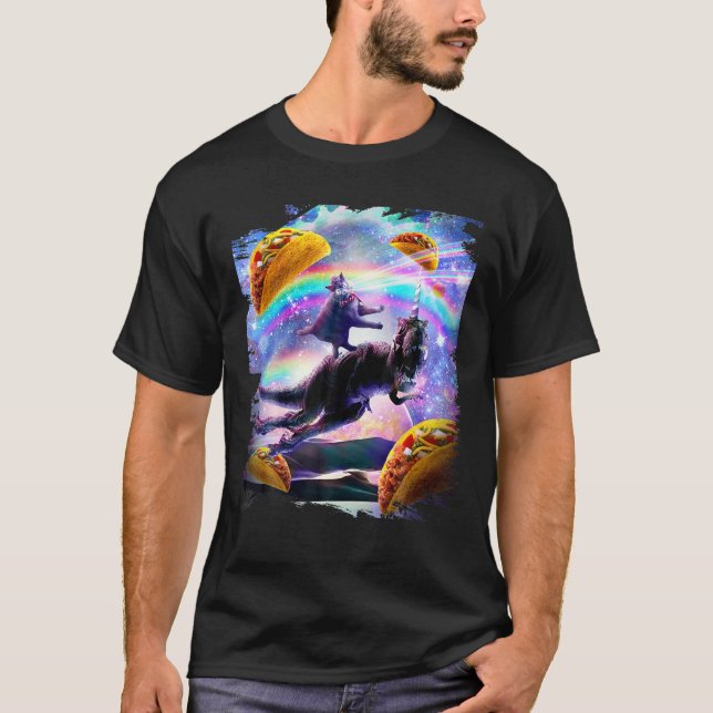 Camiseta Gato do Espaço Laser no Rainbow Dinossaur Unicorn  (Frente)