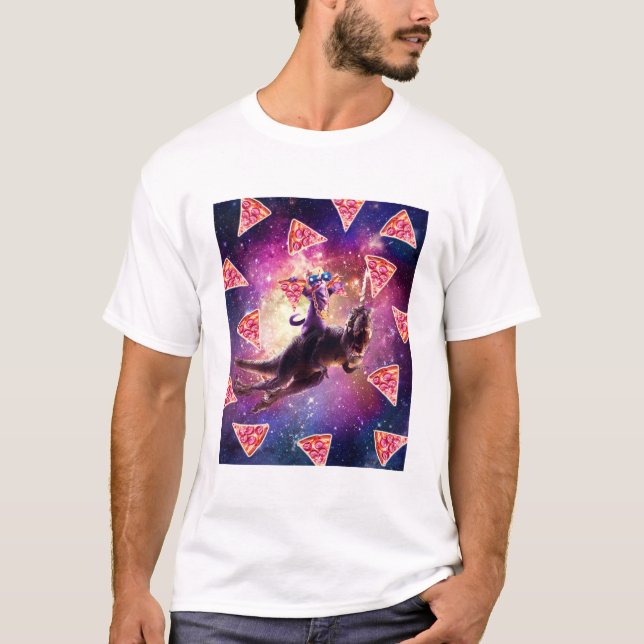 Camiseta Gato Do Espaço No Dinossauro Unicorn - Pizza (Frente)
