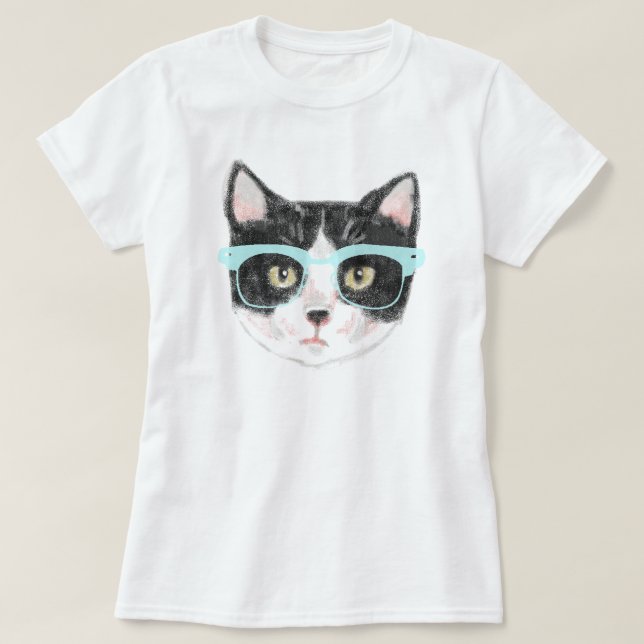 Camiseta Gato do hipster (preto e branco) (Frente do Design)