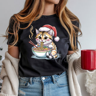 Camiseta Gato do Papai Noel Comendo Ramen Fofinho Gatinho d