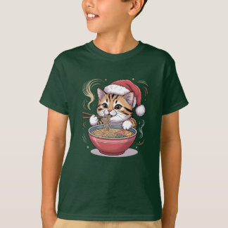 Camiseta Gato do Papai Noel Comendo Ramen Fofo Gatinho de N