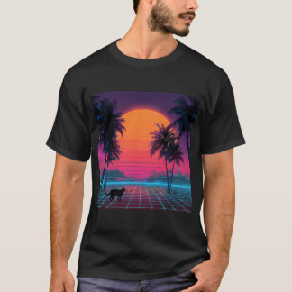 Camiseta Gato do Pôr do Sol Neon na Costa Cibernética