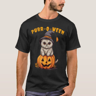 Camiseta Gato Dobrado Escocês de Halloween Abóbora Purr-o-w