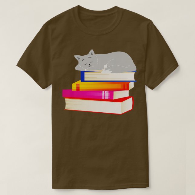 Camiseta Gato dormindo em livros lendo gata (Frente do Design)