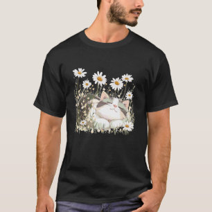 Camiseta Gato Dormindo Engraçado com Margaridas para a Esta