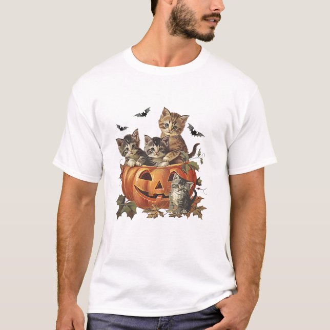 Camiseta Gato dos Anos 90 no Halloween com Abóbora Vintage (Frente)