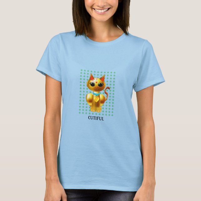 Camiseta Gato dourado, trevos da sorte e caligrafia (Frente)