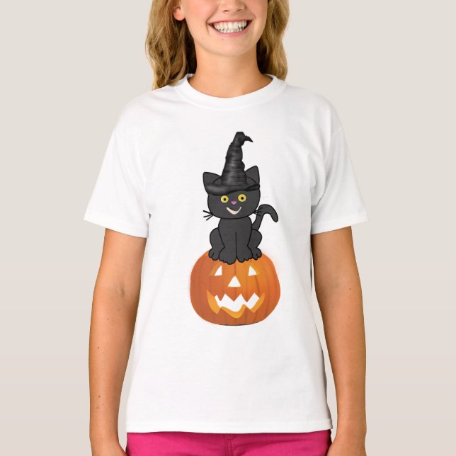 Camiseta gato e abóbora bonitinho feliz do Halloween (Frente)
