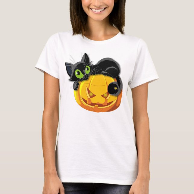 Camiseta gato e abóbora bonitinho feliz do Halloween (Frente)
