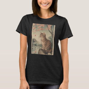 Camiseta Gato e árvore de flor de cerejeira Arte de xilogra