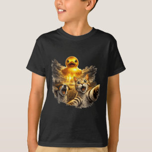 Camiseta Gato e cachorro assustados design de pato de borra