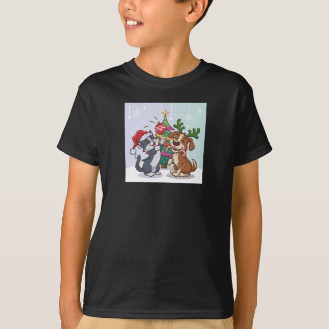 Camiseta gato e cachorro estão comemorando o dia de Natal (Frente)