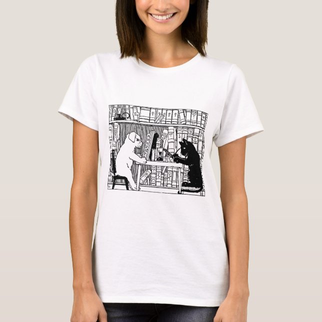 Camiseta Gato e Cachorro Vintage Biblioteca Literária  (Frente)