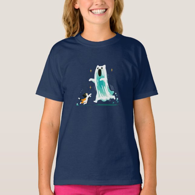 Camiseta Gato e Fantasma Amigável - Halloween Bonito (Frente)