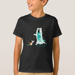 Camiseta Gato e Fantasma Amigável - Halloween Bonito