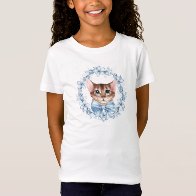 Camiseta Gato e flores azuis (Frente)
