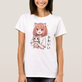 Camiseta Gato e Garota Bonita de Animação Japonesa