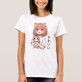 Camiseta Gato e Garota Bonita de Animação Japonesa