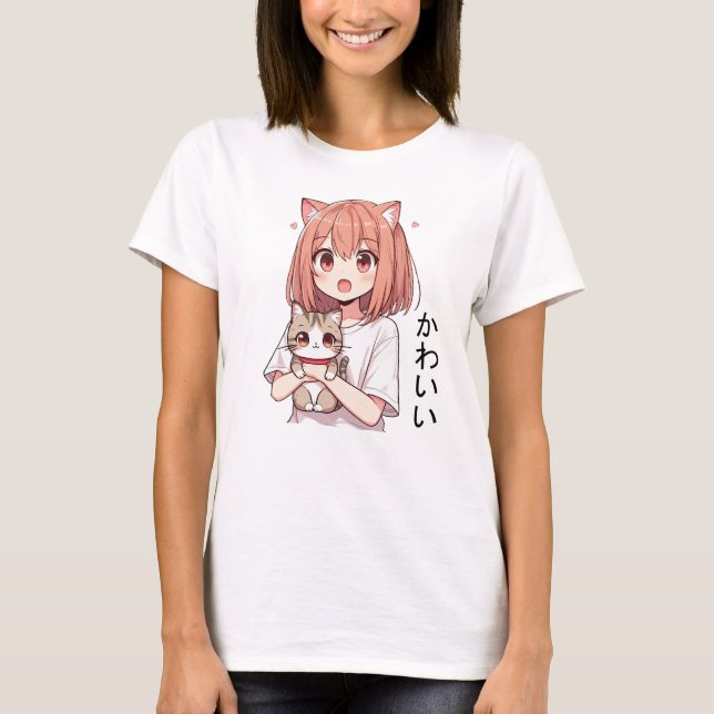 Camiseta Gato e Garota Bonita de Animação Japonesa (Frente)