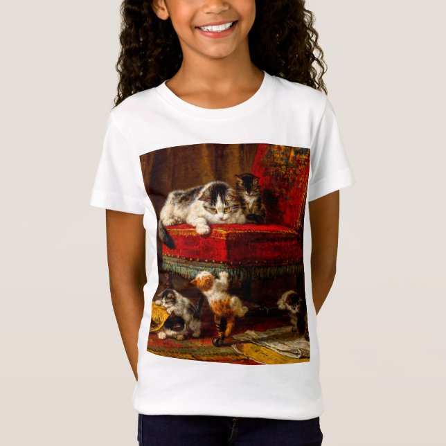 Camiseta Gato e Gatinhos Brincando com Cadeira (Frente)