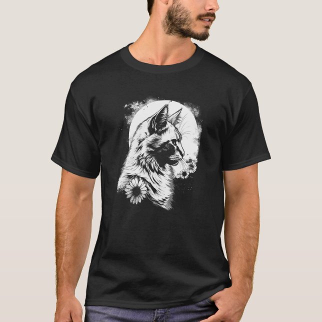 Camiseta gato e girassol lindos com silhueta lua (Frente)