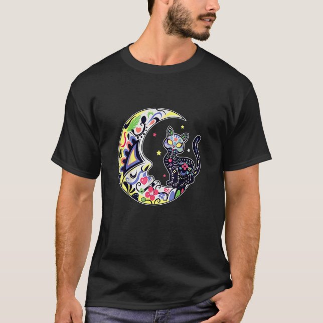 Camiseta Gato E Lua Açúcar Crânio Dia De Los Muertos Dia Do (Frente)