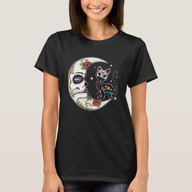 Camiseta Gato E Lua Crânio De Açúcar Dia De Muertos Dia Dos (Frente)