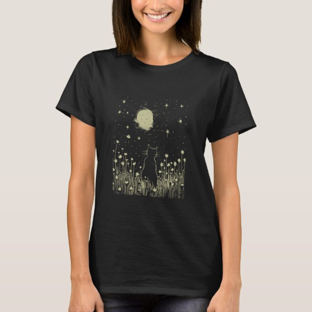 Camiseta Gato e Lua Engraçado Gato Grande e Grande Presente (Frente)
