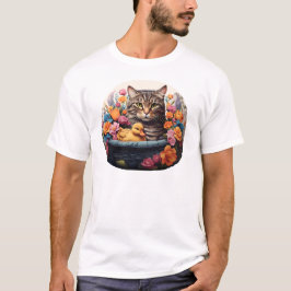 Camiseta Gato E Pato Engraçados Em Uma Cesta Com Flores
