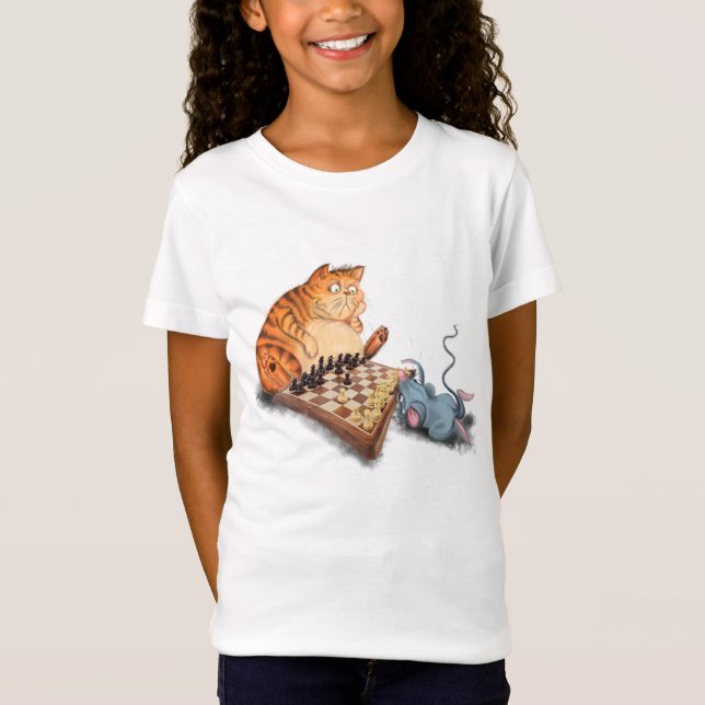 Camiseta Gato e Rato Tocando Cartoon de Xadrez Engraçado T- (Frente)