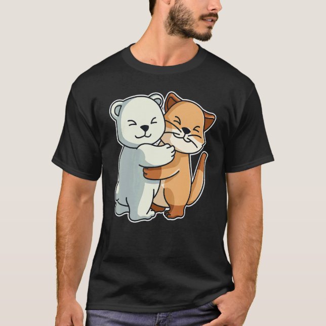 Camiseta Gato E Urso Polar Abraçando Animais Fofos Para Mul (Frente)