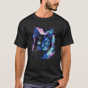 Camiseta Gato em Aquarela no Espaço Cósmico Violeta e Azul