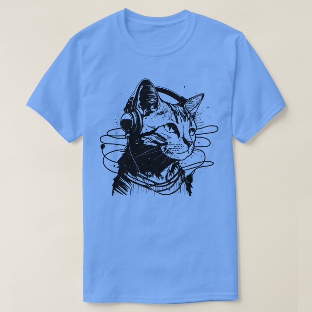 Camiseta Gato em Fones de ouvido Engraçado Gpresente de Gat (Frente do Design)