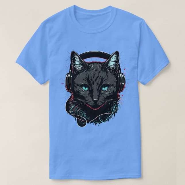 Camiseta Gato em Fones de ouvido Engraçado Gpresente de Gat (Frente do Design)