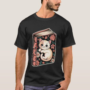 Camiseta Gato em Livro com Flores e Borboletas