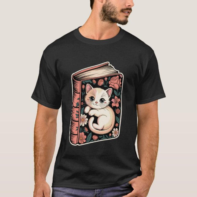 Camiseta Gato em Livro com Flores e Borboletas (Frente)
