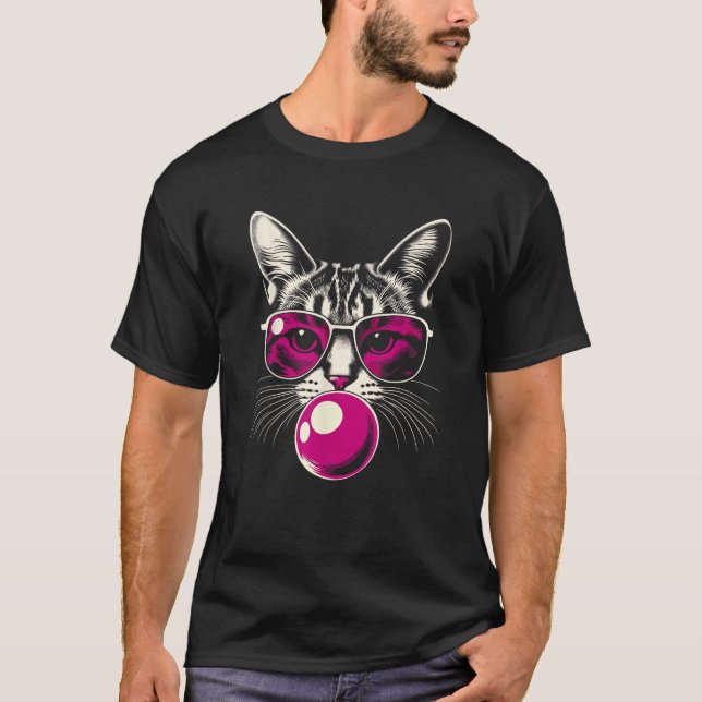 Camiseta Gato em Óculos Rosa Bolhas Rosa Homens Mulheres Br (Frente)