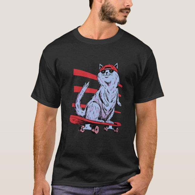 Camiseta Gato em Skate com Óculos de Sol e Boné (Frente)
