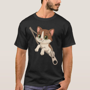 Camiseta Gato Emergindo de Um Zipper Fantasia Divertida Men