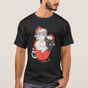 Camiseta Gato Empilhar Em Xícara De Natal Pijama Fofo Gatin