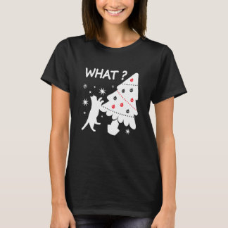 Camiseta Gato Empurrando Árvore de Natal Engraçado Gato O Q